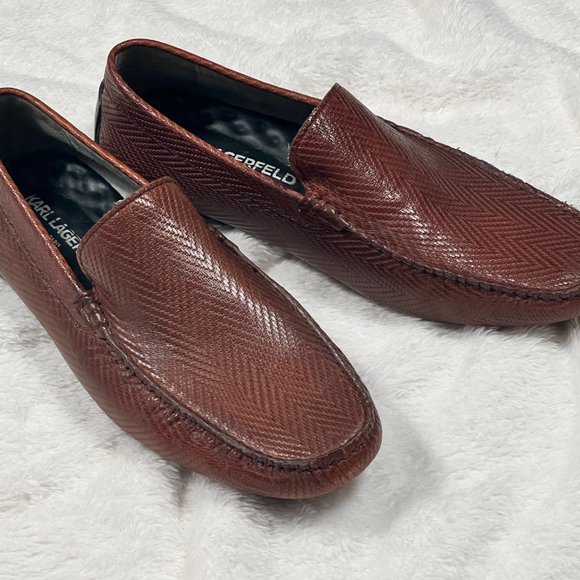 Karl Lagerfeld Paris Drivers Herringbone Leather Cognac Loafers, 9.5 main image 5